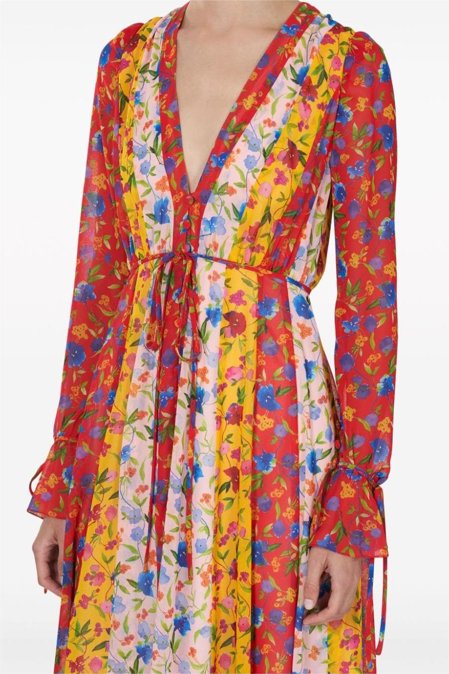 Patchwork Print V-neck Lace Up Midi Dress With Belt