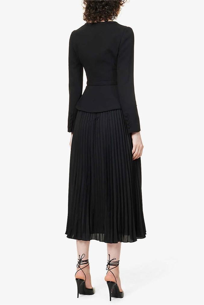 Bow Pleated Long Sleeve Midi Dress With Belt
