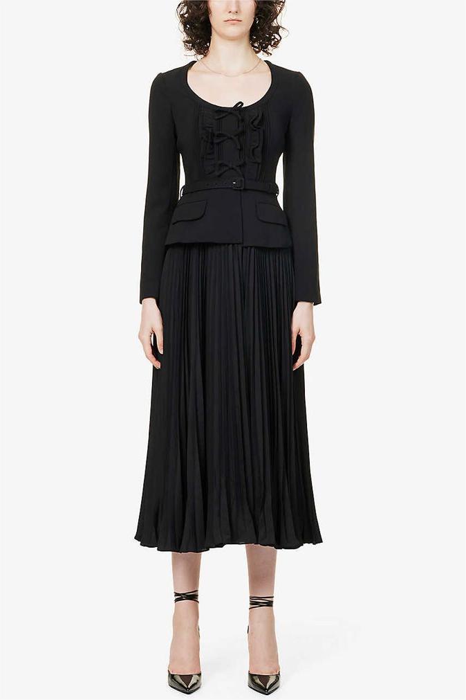 Bow Pleated Long Sleeve Midi Dress With Belt