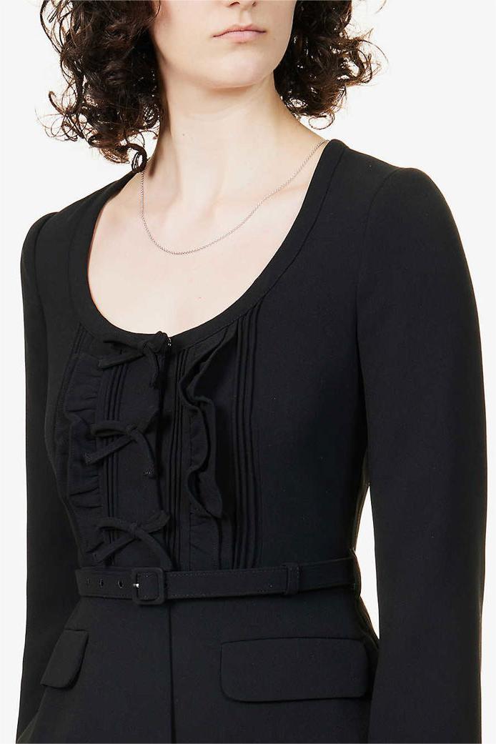 Bow Pleated Long Sleeve Midi Dress With Belt
