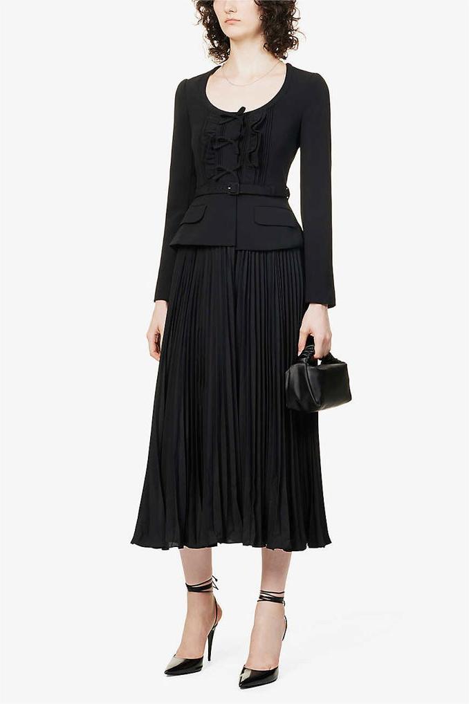 Bow Pleated Long Sleeve Midi Dress With Belt