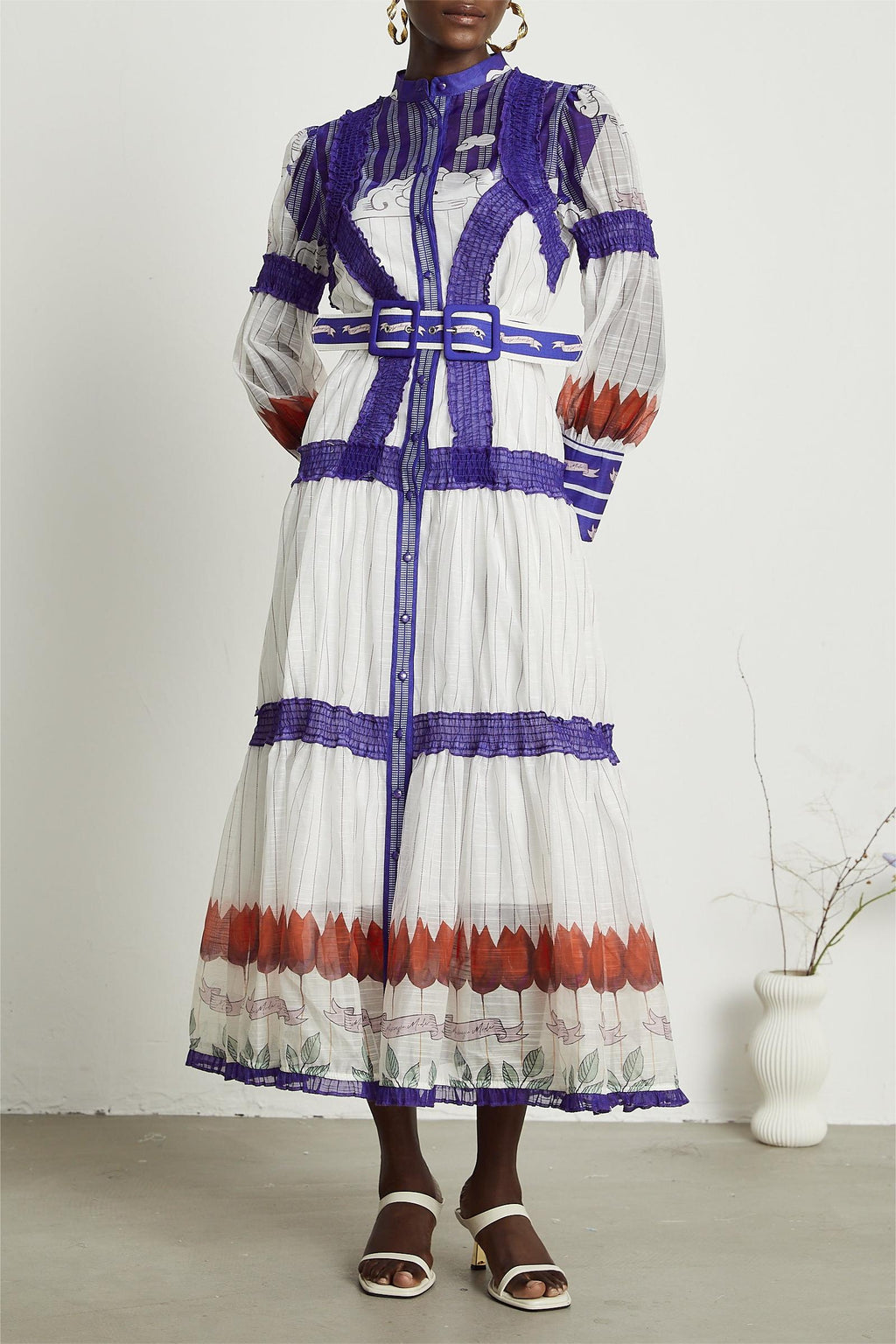 Puff Sleeve Midi Dress With Belt