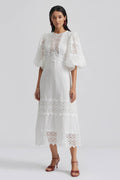 Embroidered Round Neck Puff Sleeve Midi Dress