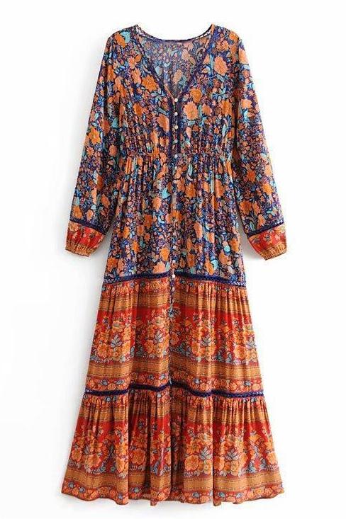 V-neck Button Midi Dress