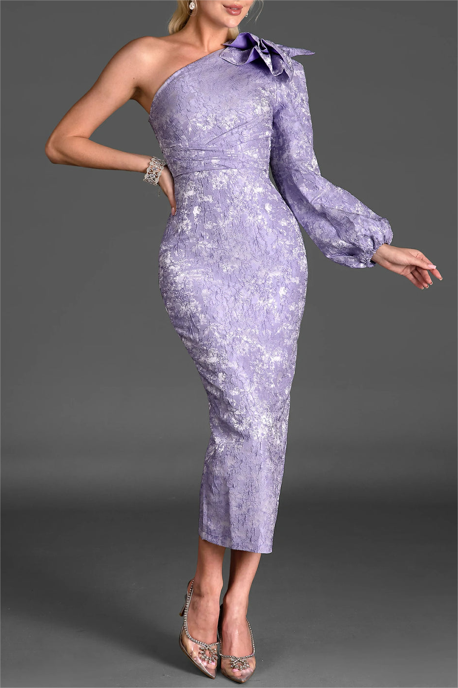 Jacquard Frill One-shoulder Midi Dress