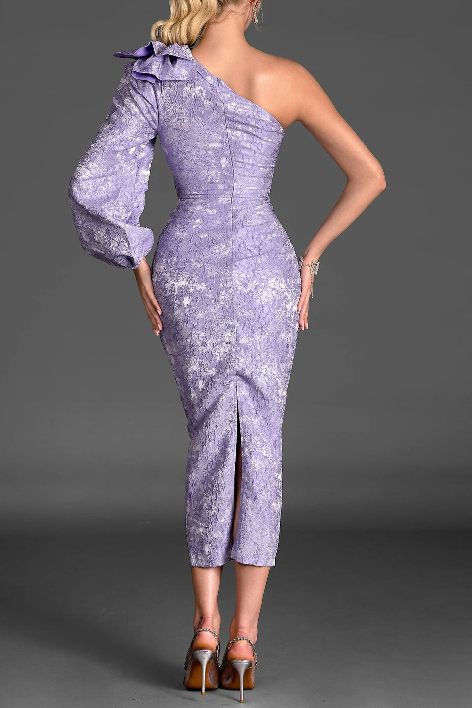 Jacquard Frill One-shoulder Midi Dress