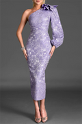 Jacquard Frill One-shoulder Midi Dress