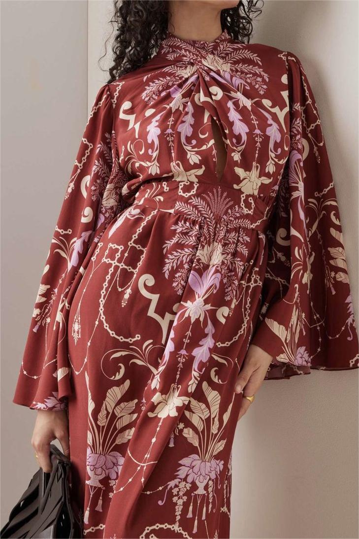 Paisley Print Knotted Long Sleeve Midi Dress