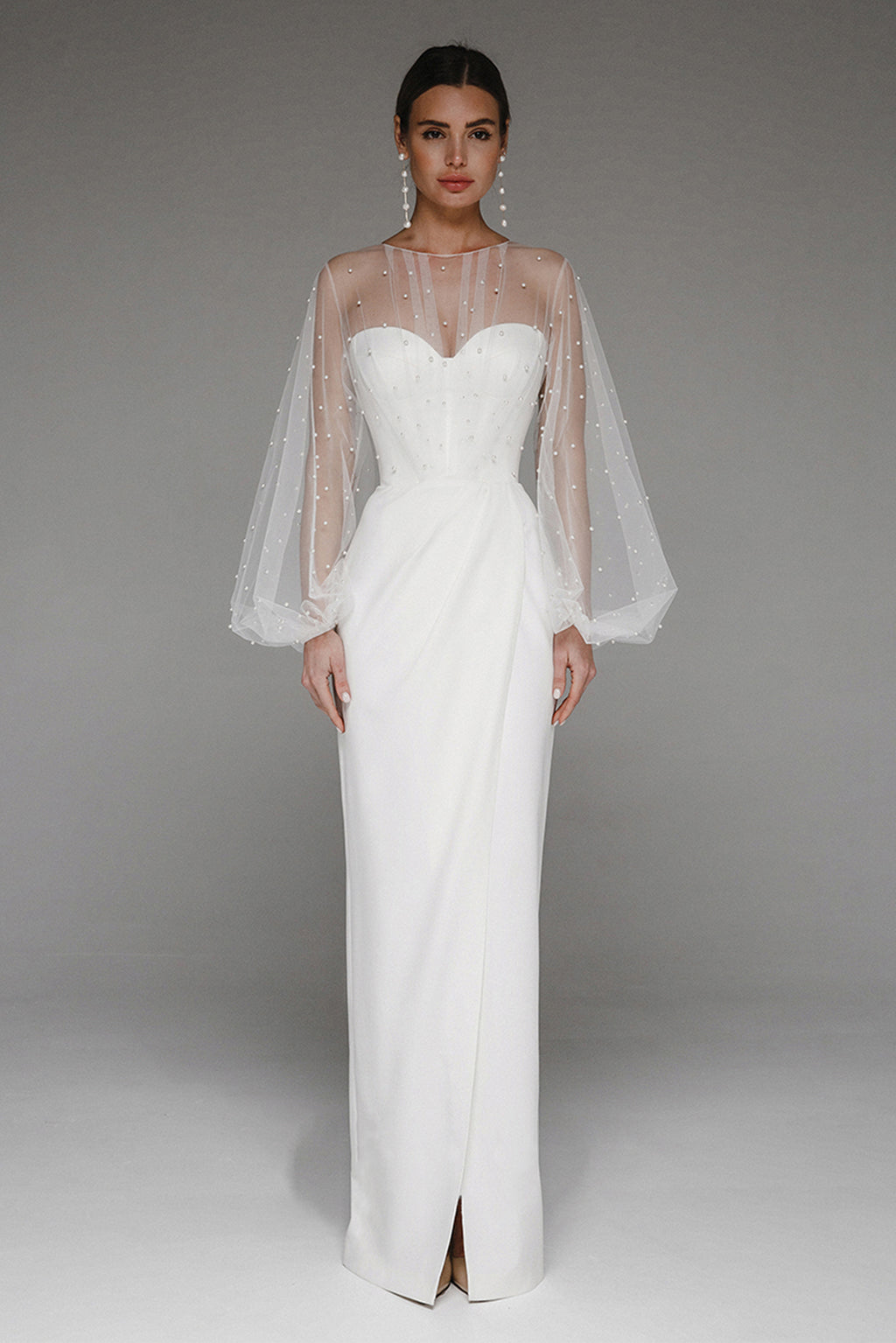 Faux Pearl Lantern Sleeve Midi Dress