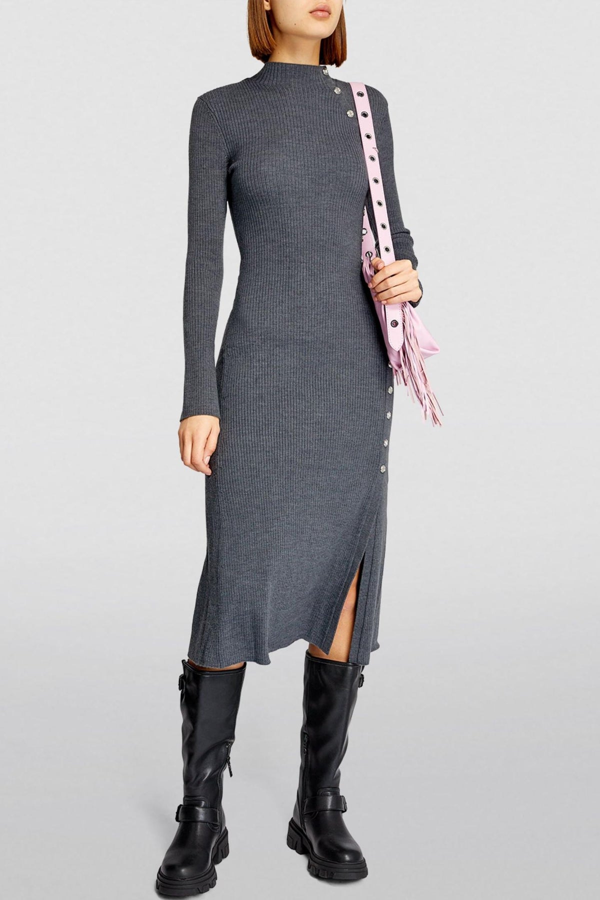 Jersey Button Long Sleeve Midi Dress