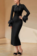 Jersey Feather Long Sleeve Midi Dress Black