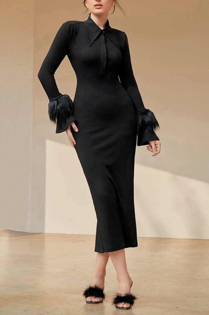 Jersey Feather Long Sleeve Midi Dress Black