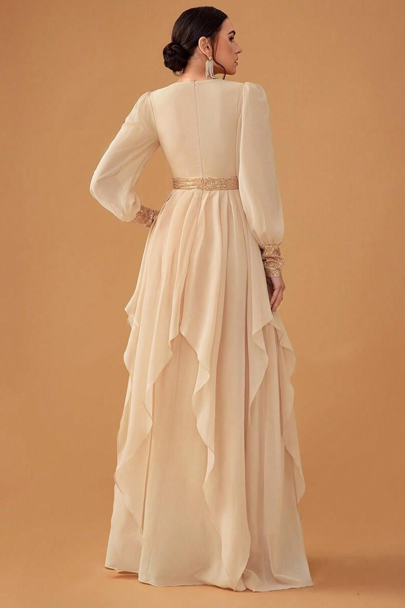 Sequin Puff Sleeve Round Neck Maxi Dress
