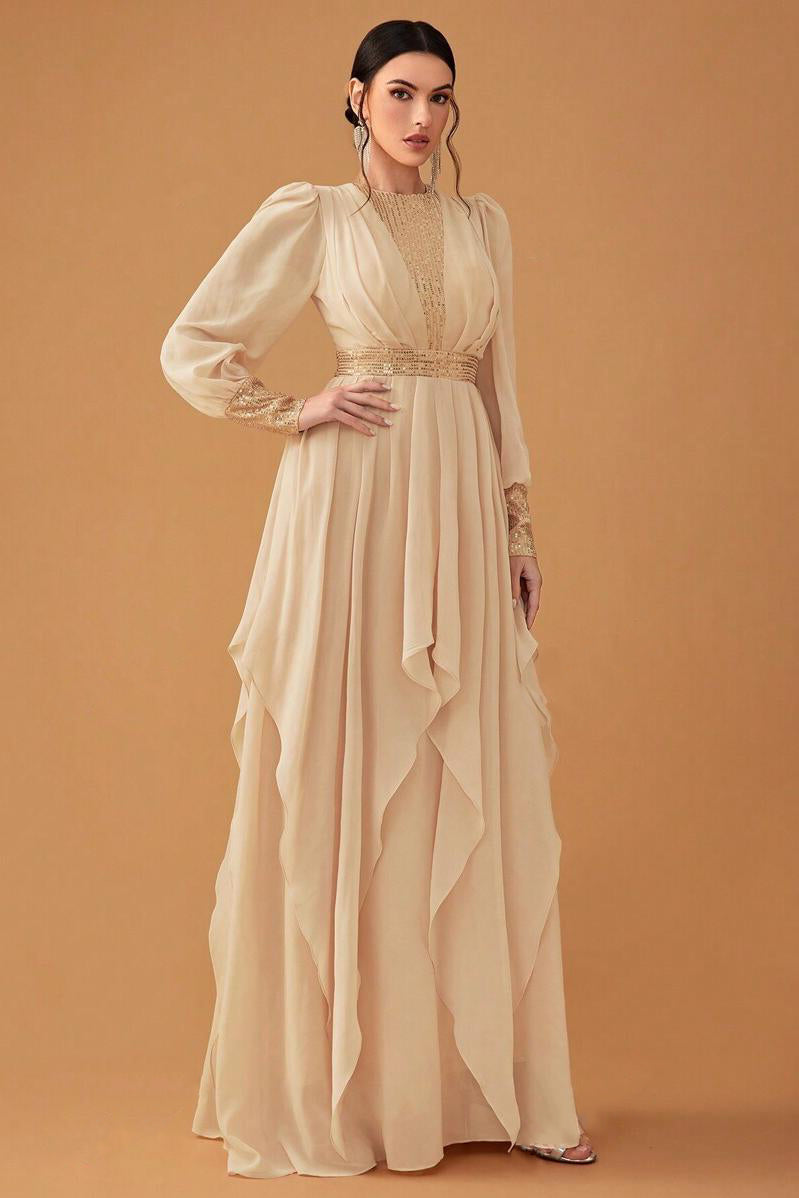 Sequin Puff Sleeve Round Neck Maxi Dress