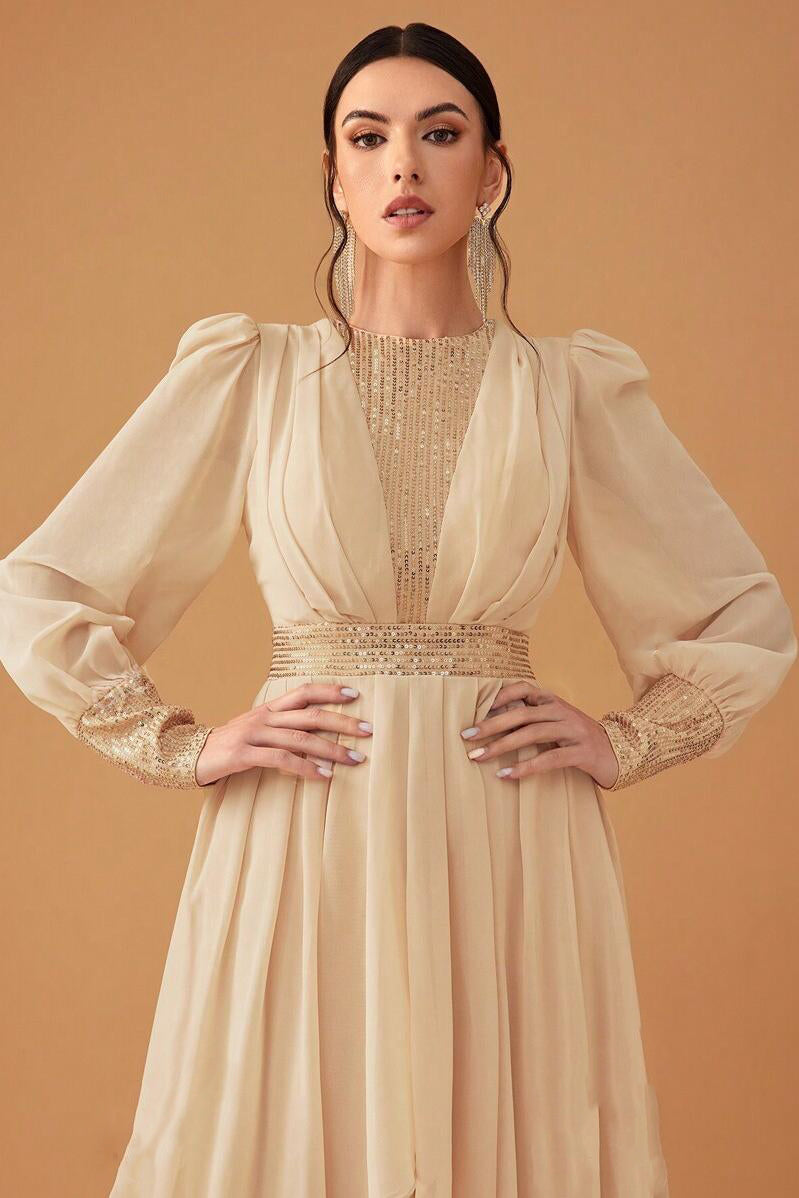 Sequin Puff Sleeve Round Neck Maxi Dress