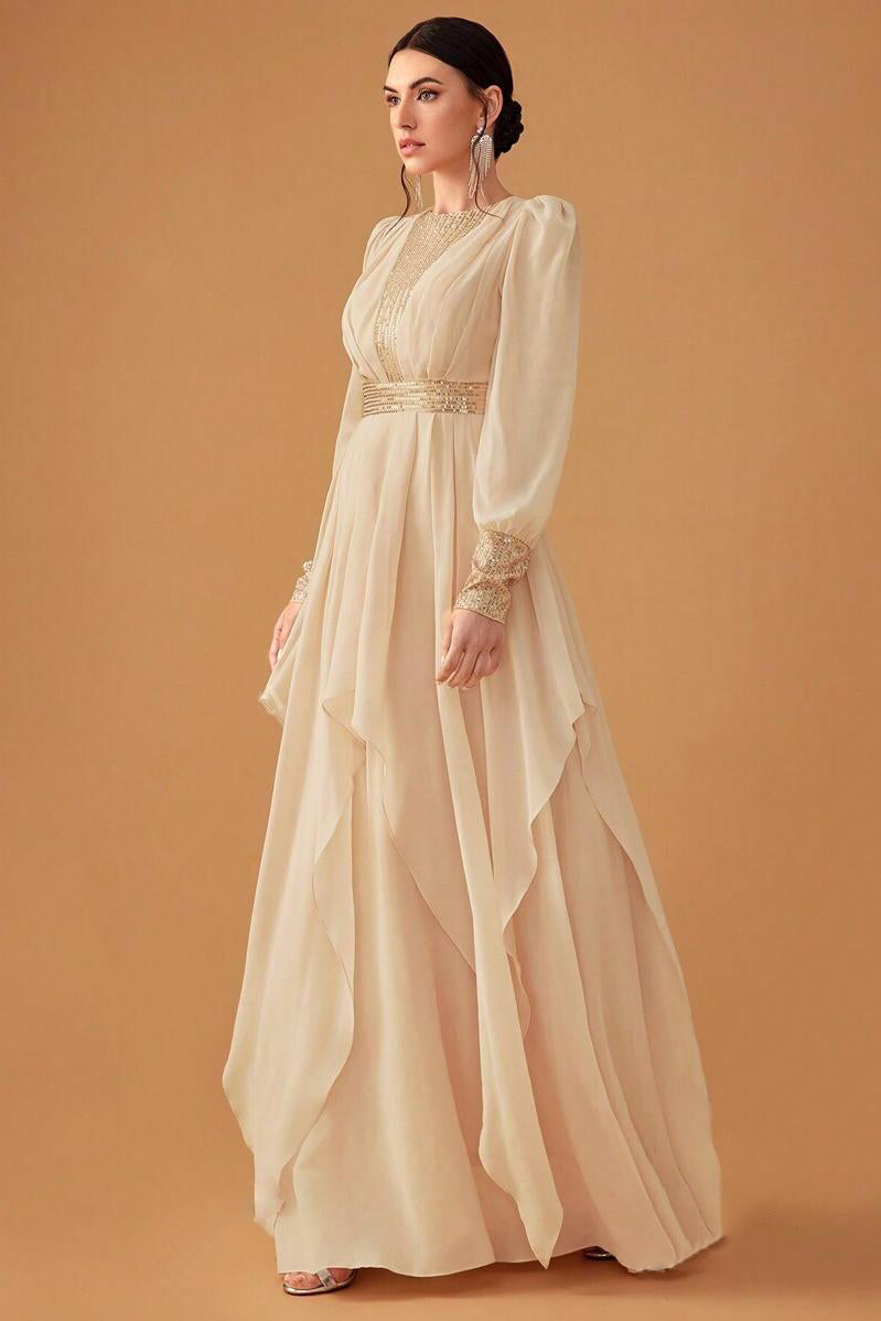 Sequin Puff Sleeve Round Neck Maxi Dress
