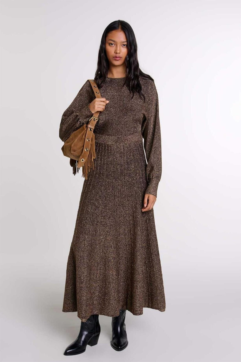 Jersey Round Neck Lurex Midi Dress