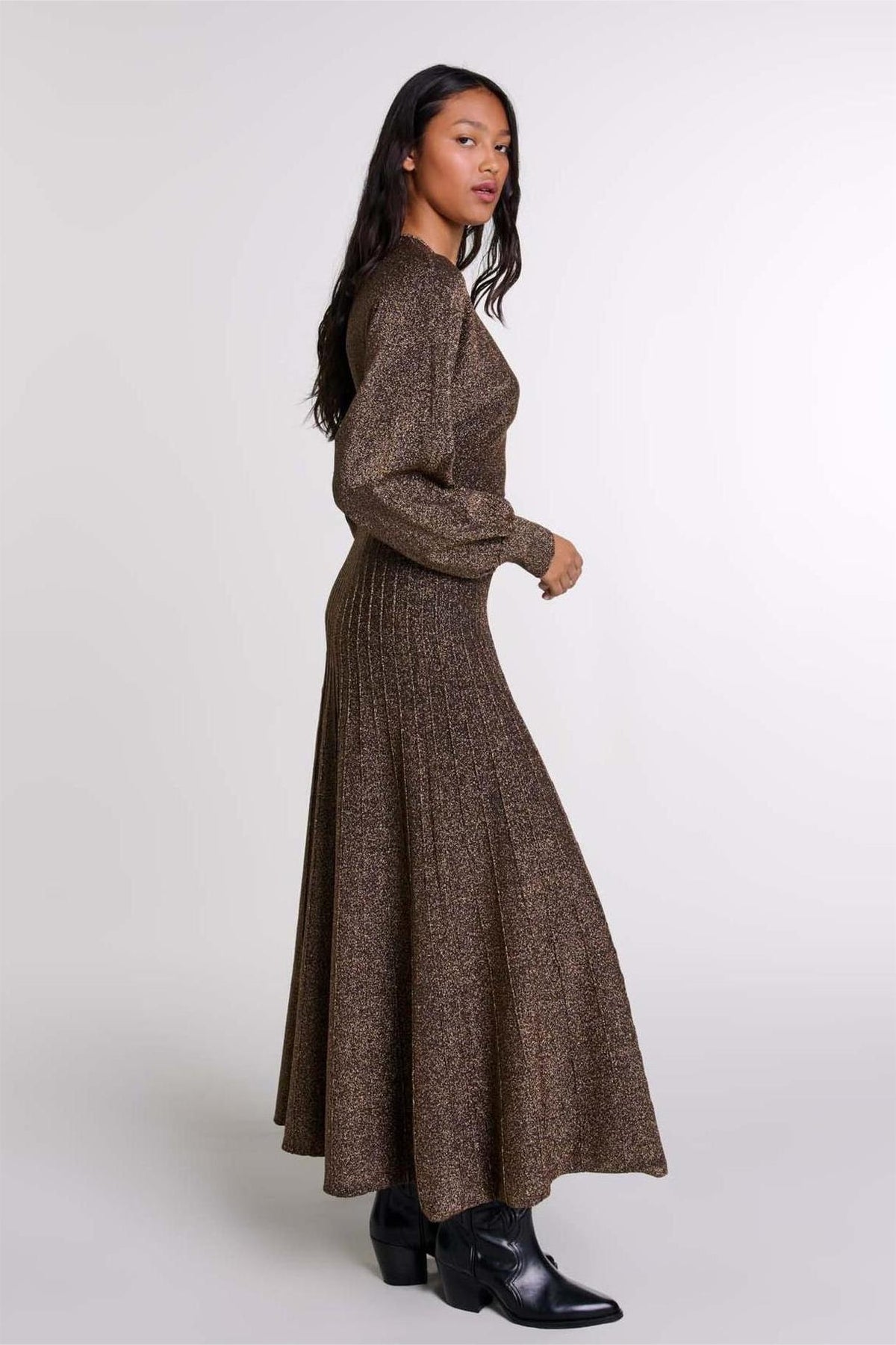Jersey Round Neck Lurex Midi Dress