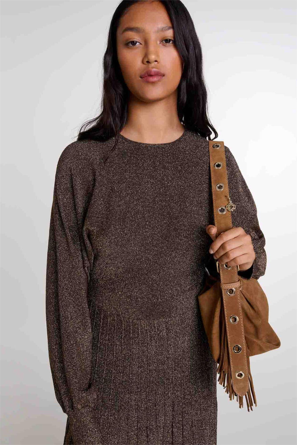 Jersey Round Neck Lurex Midi Dress