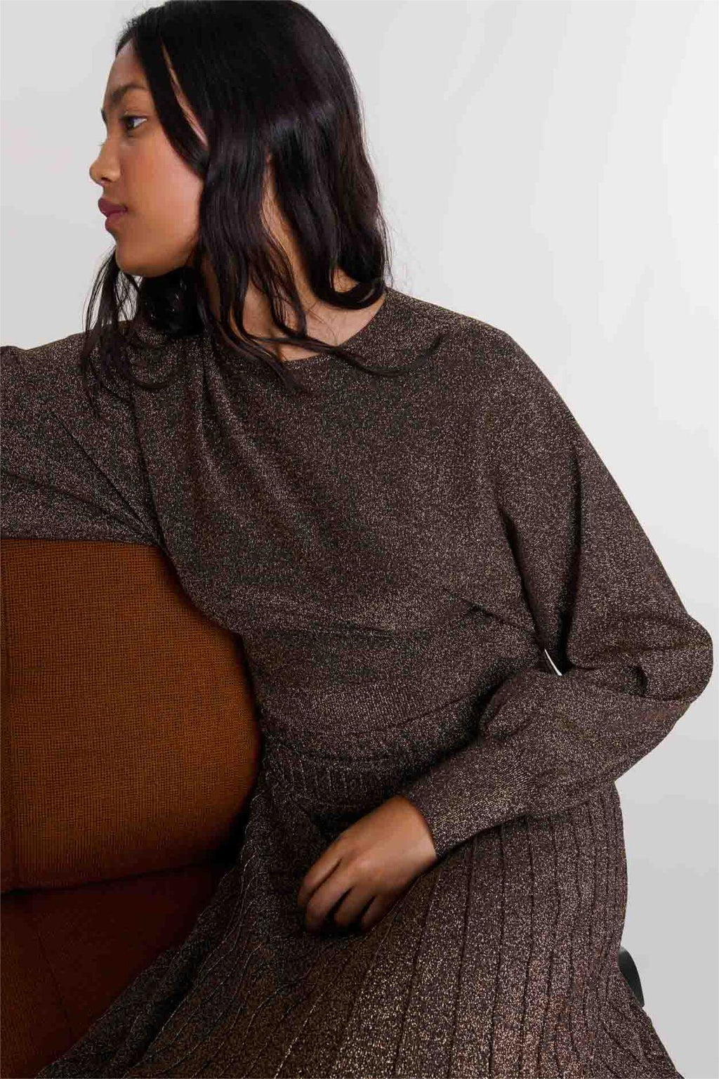 Jersey Round Neck Lurex Midi Dress