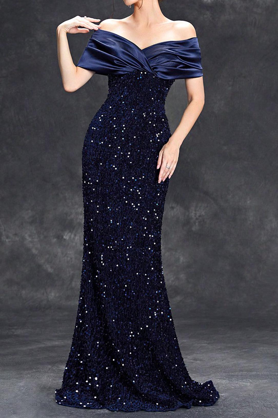 Sequin Satin Off Shoulder Maxi Dress