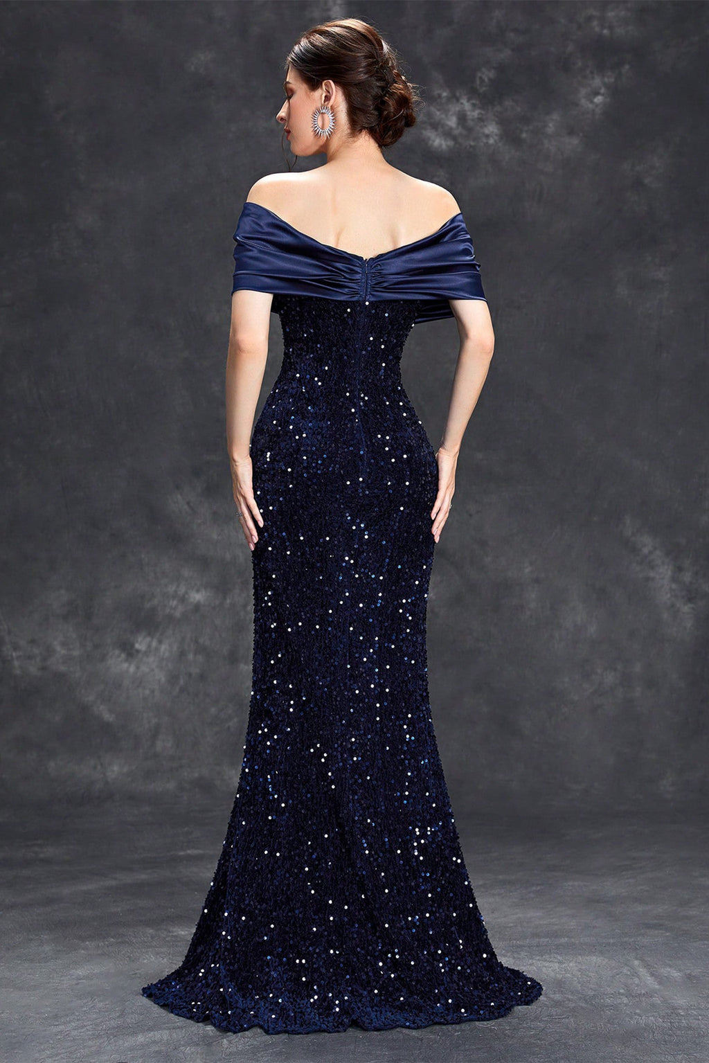 Sequin Satin Off Shoulder Maxi Dress