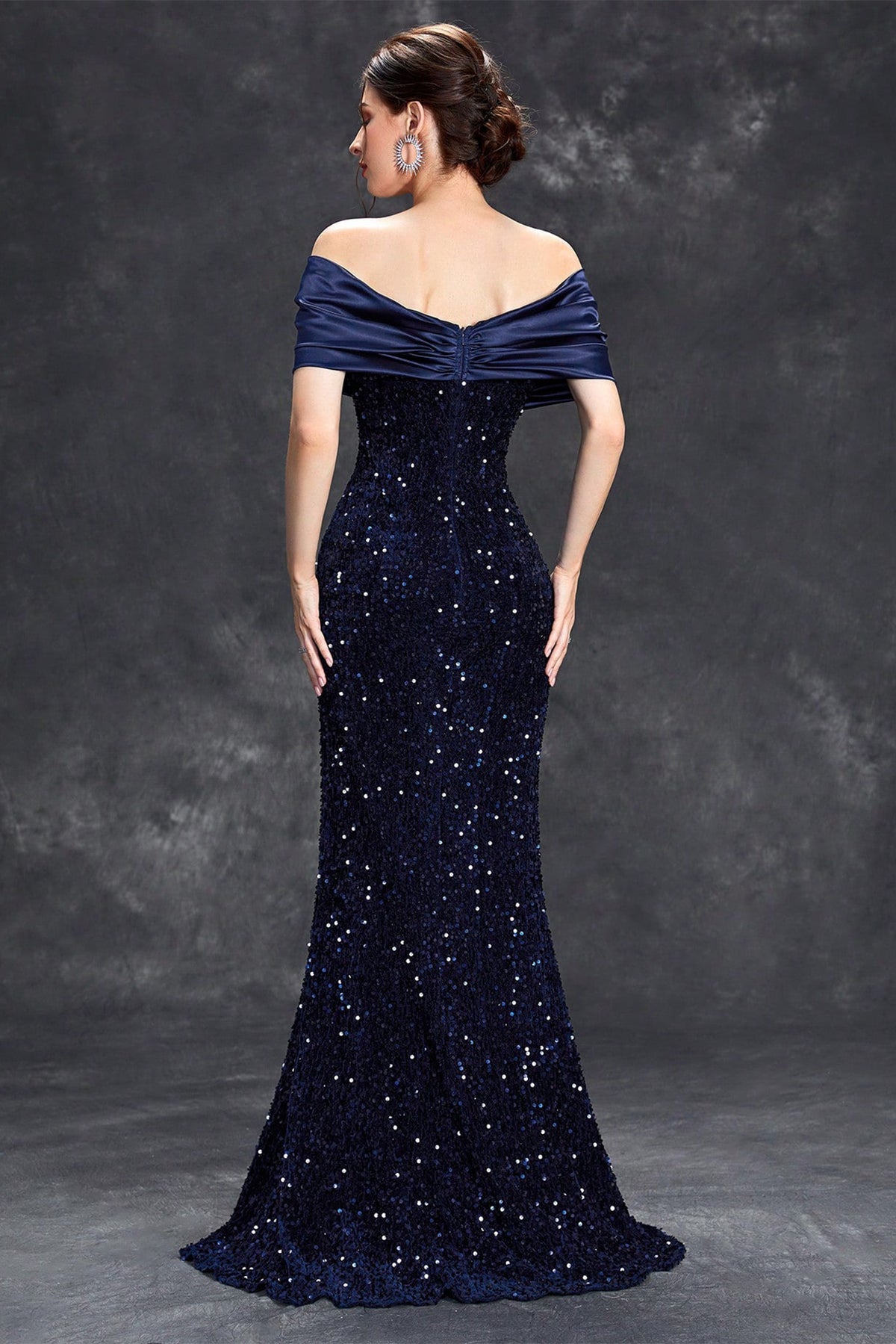Sequin Satin Off Shoulder Maxi Dress