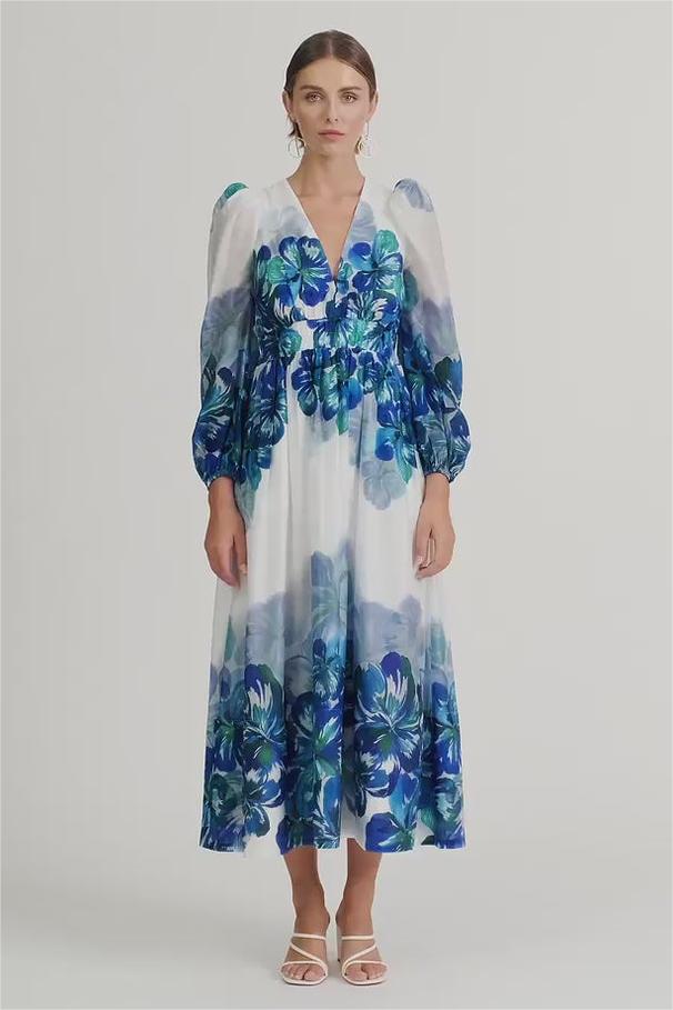 V-neck Lantern Sleeve Midi Dress