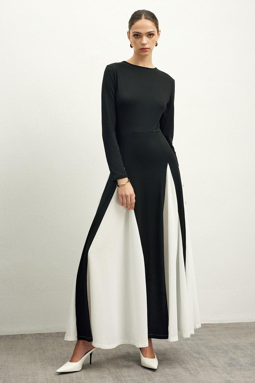 Contrast Color Long Sleeve Midi Dress