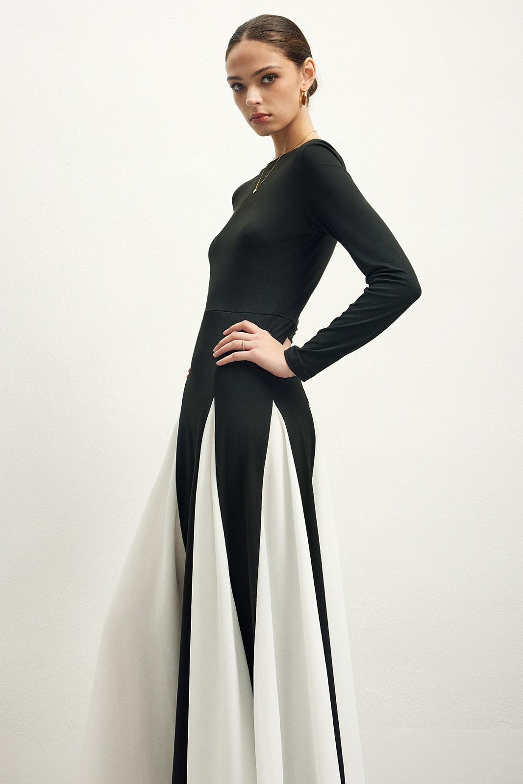 Contrast Color Long Sleeve Midi Dress