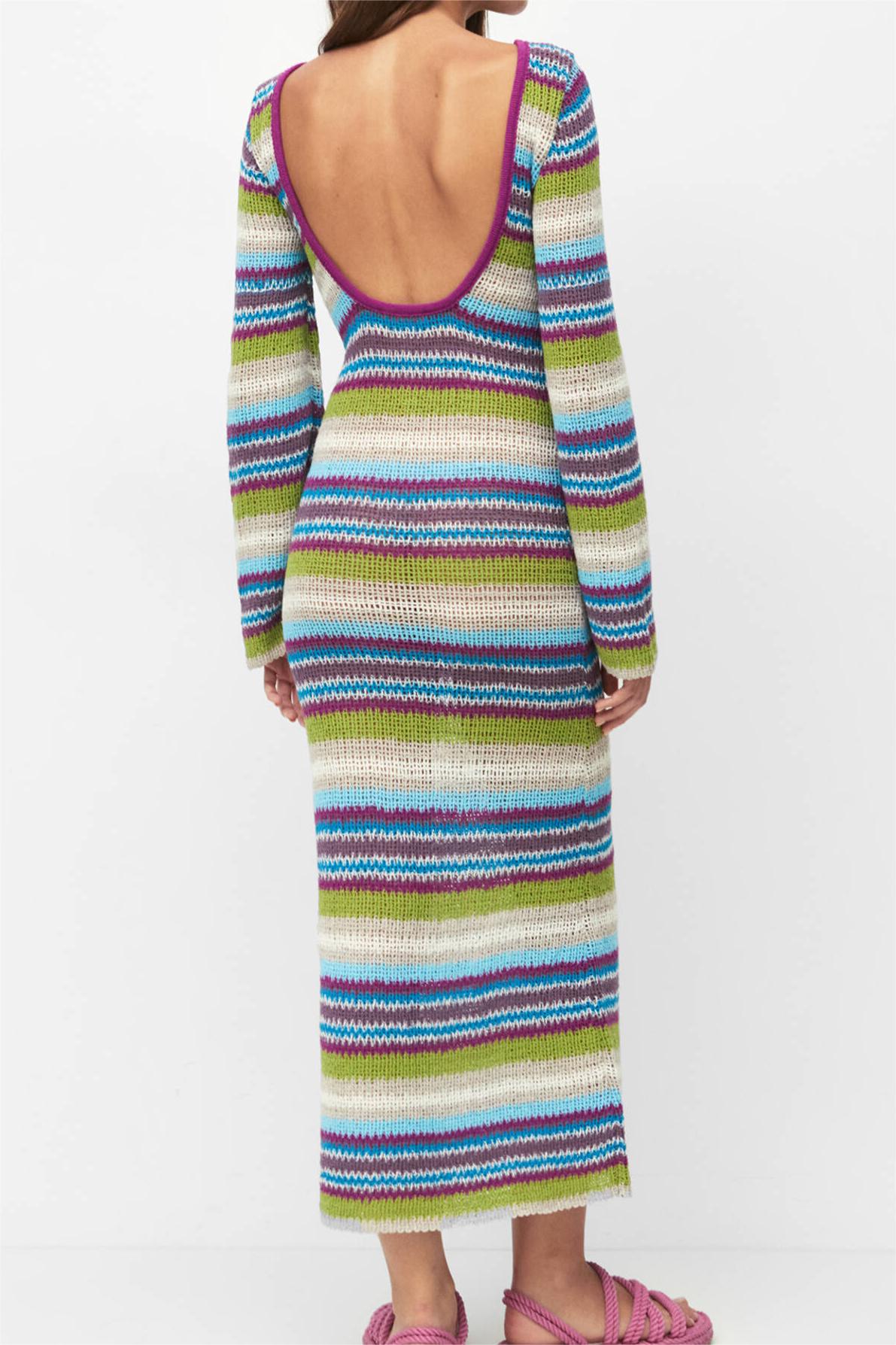 Stripe Round Neck Sweater Midi Dress