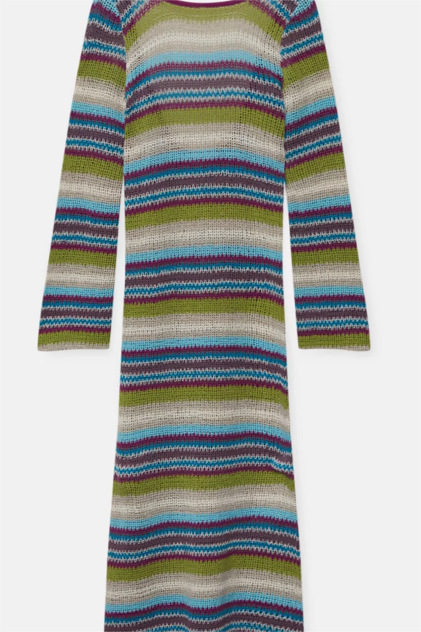 Stripe Round Neck Sweater Midi Dress