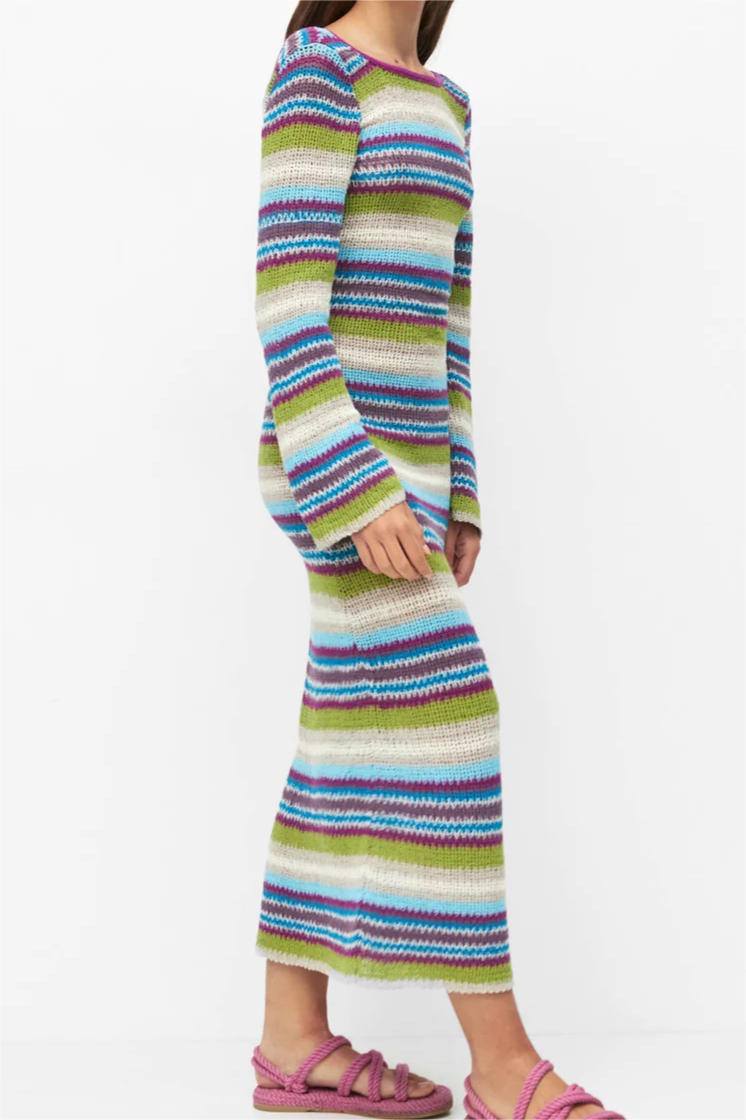 Stripe Round Neck Sweater Midi Dress