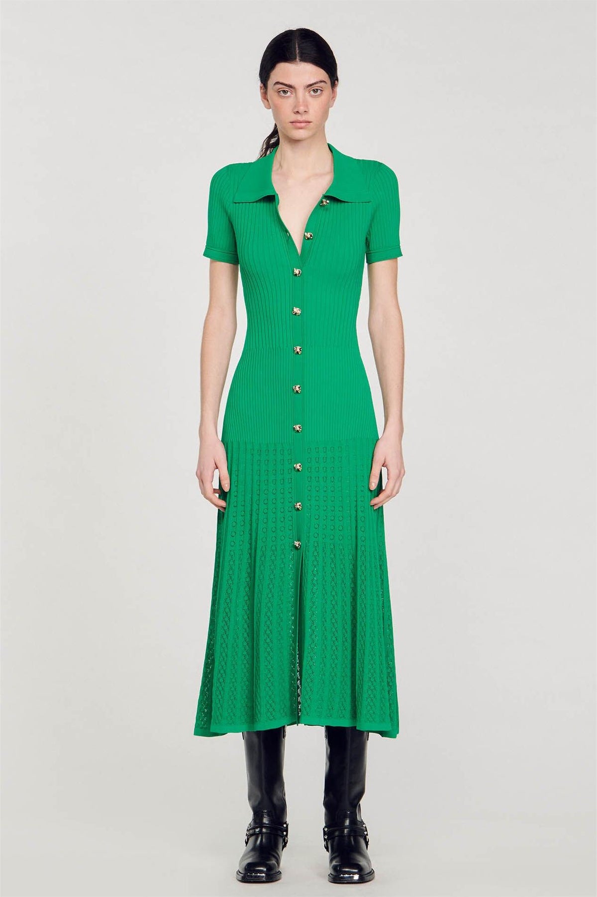 Jersey Flapped Metal Button Midi Dress