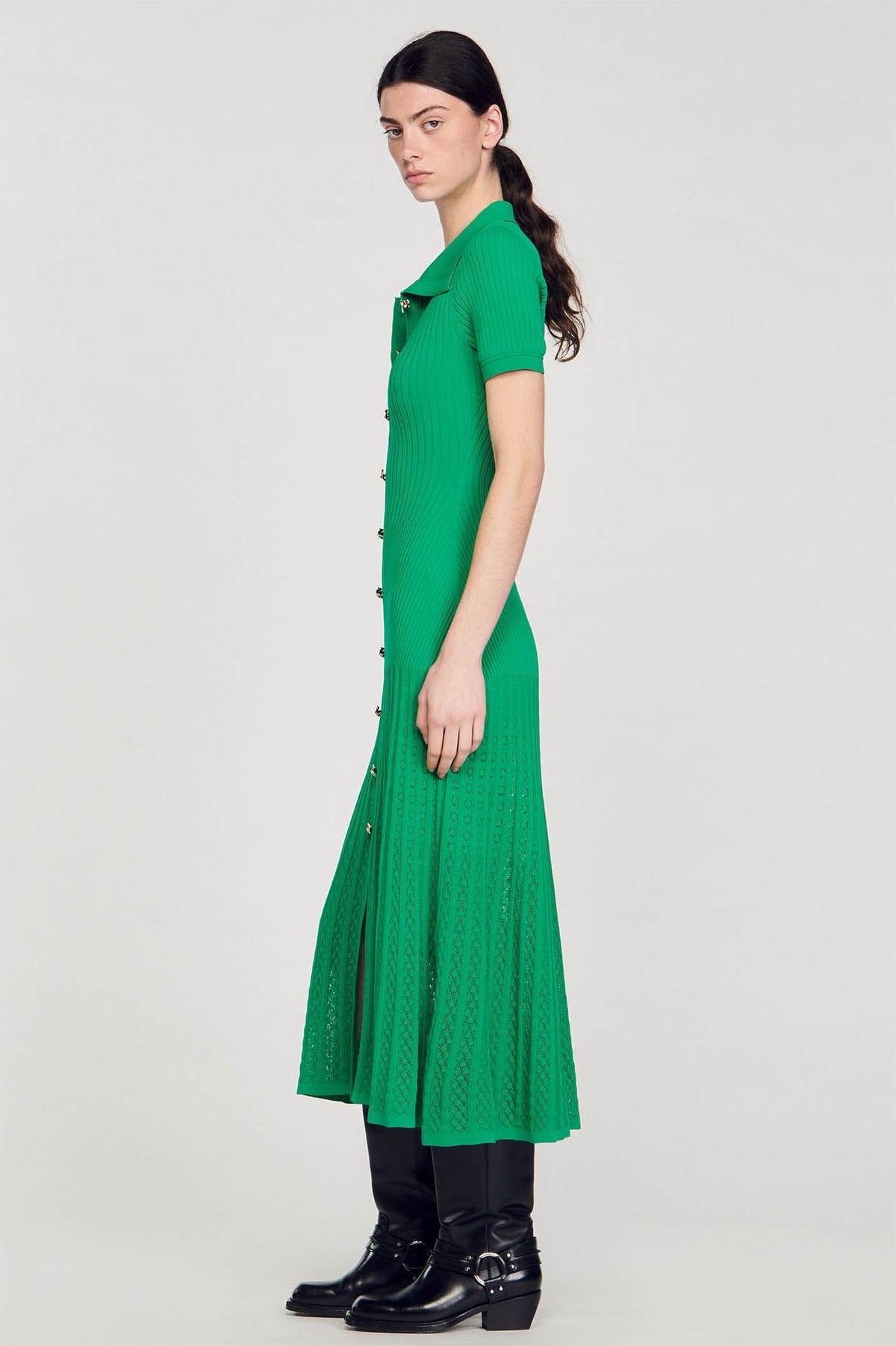 Jersey Flapped Metal Button Midi Dress