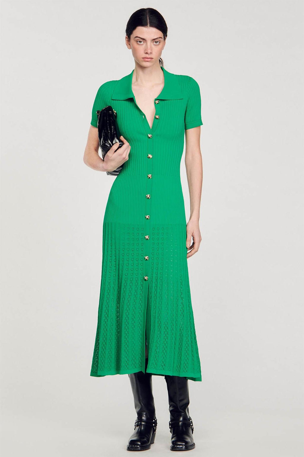 Jersey Flapped Metal Button Midi Dress