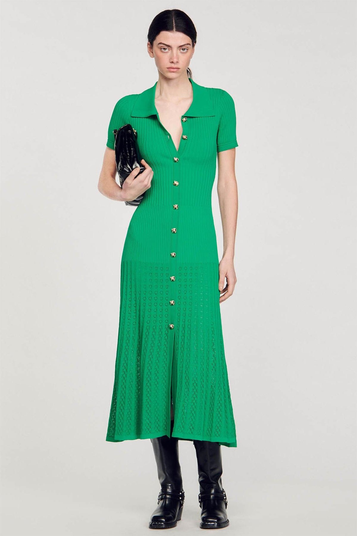 Jersey Flapped Metal Button Midi Dress