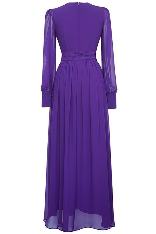 Chiffon V-neck Lantern Sleeve Midi Dress