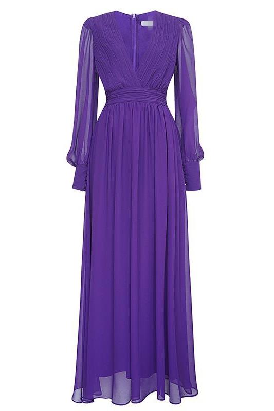 Chiffon V-neck Lantern Sleeve Midi Dress