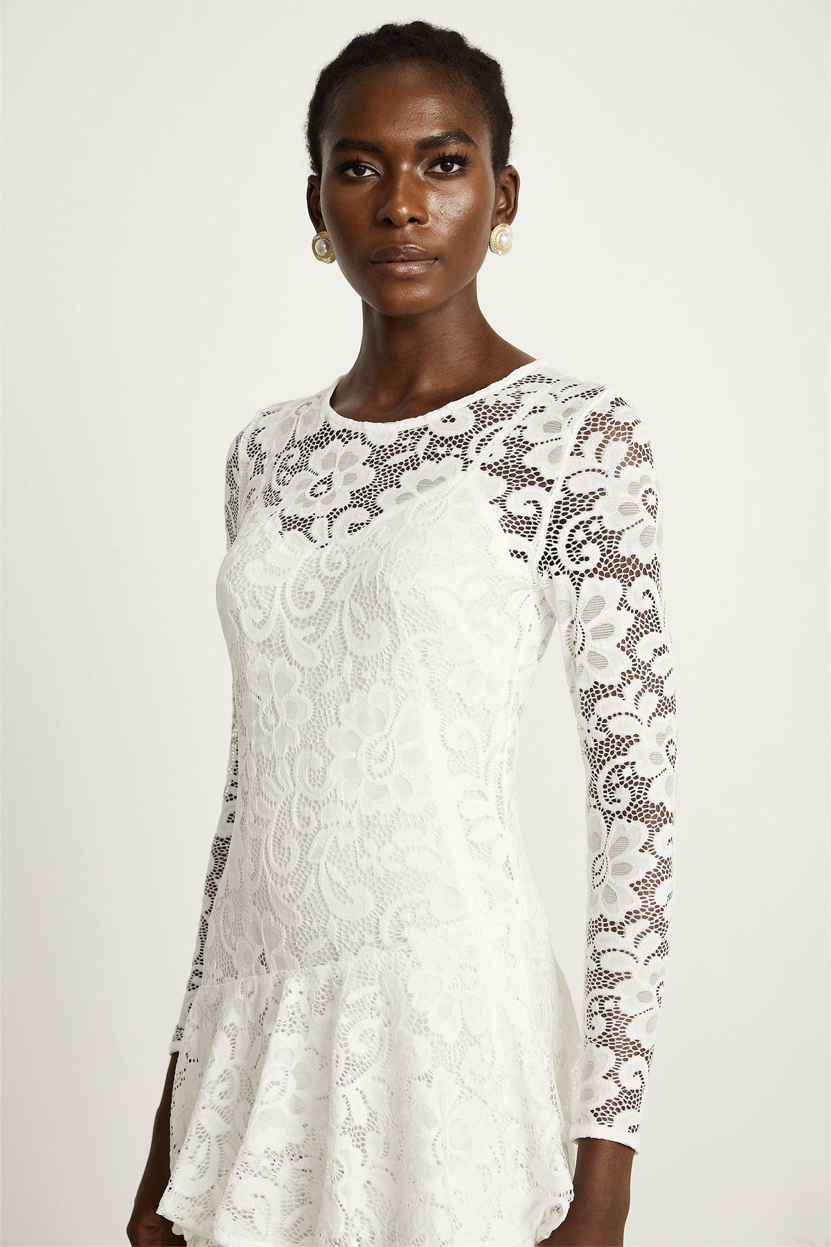 Lace Ruffle Round Neck Midi Dress