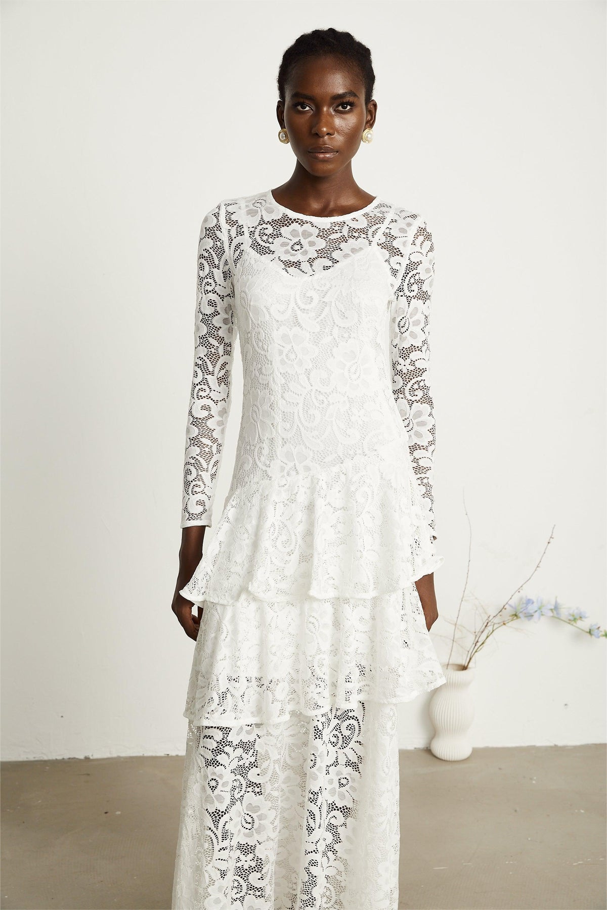 Lace Ruffle Round Neck Midi Dress