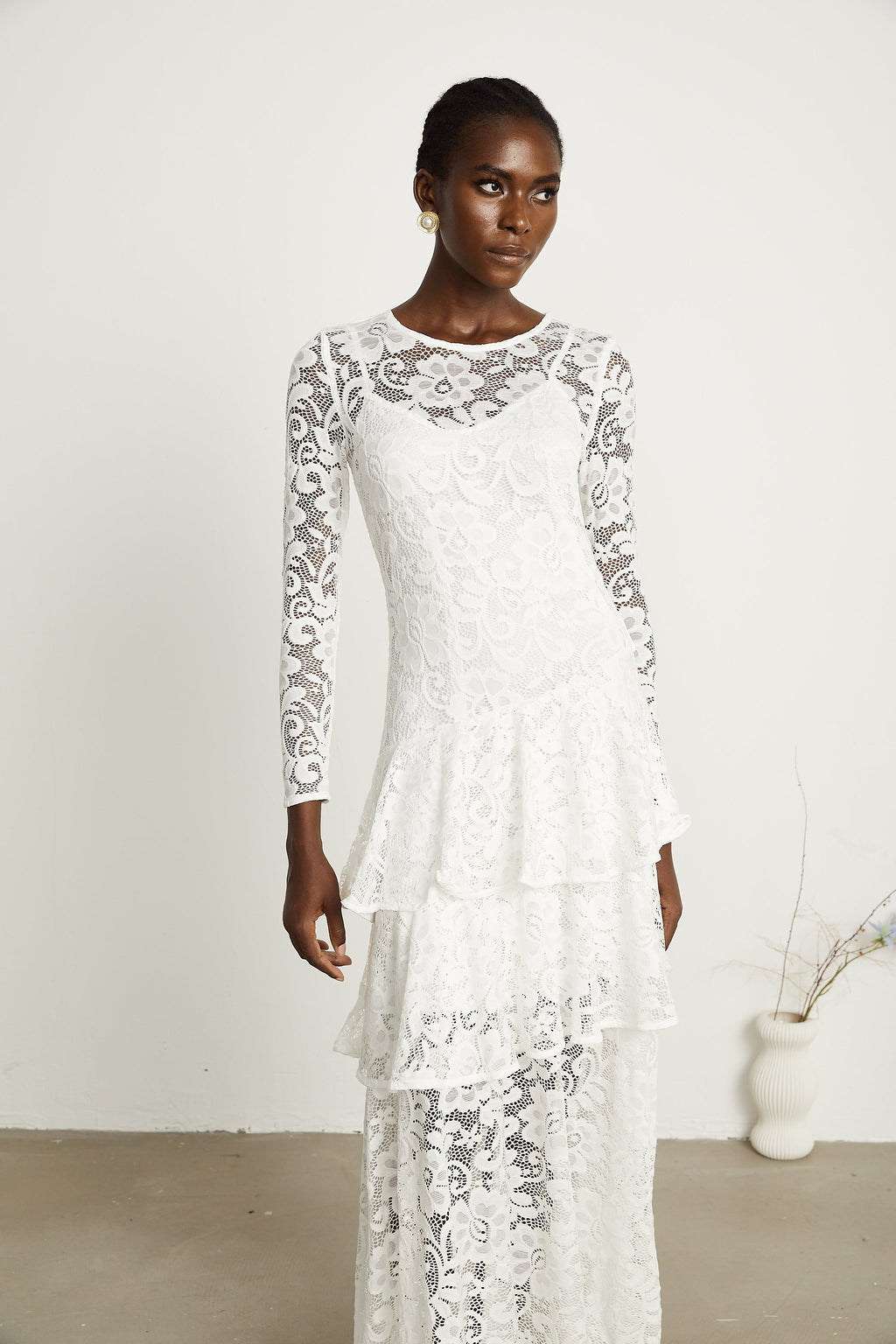 Lace Ruffle Round Neck Midi Dress
