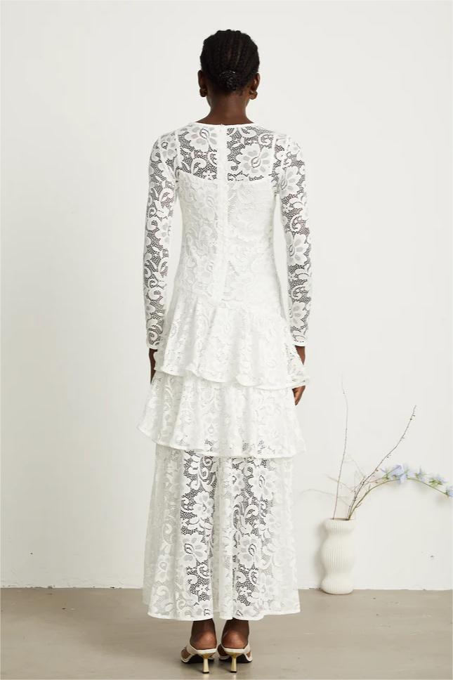 Lace Ruffle Round Neck Midi Dress
