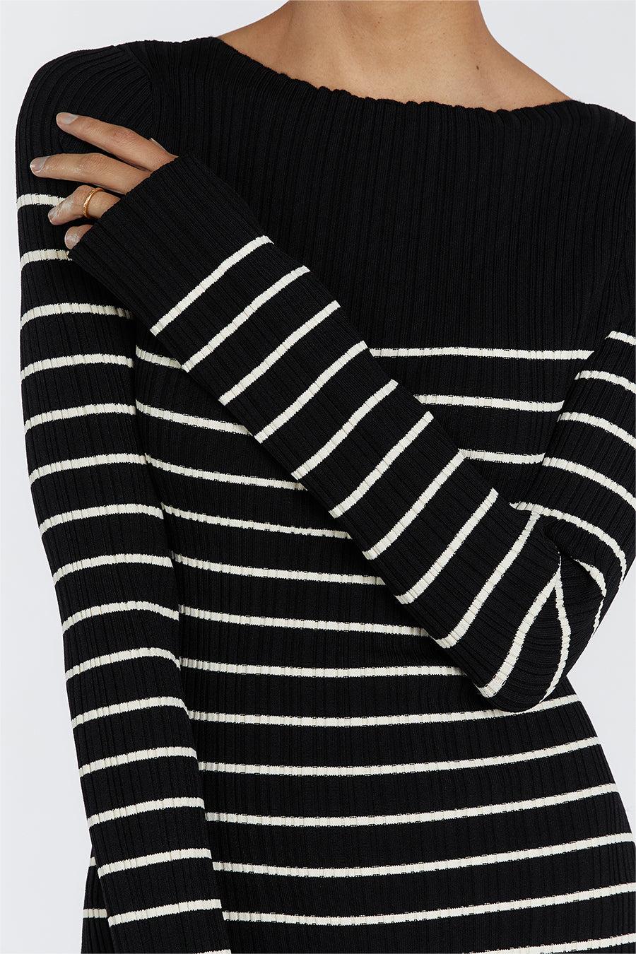 Knit Boat Neck Stripe Long Sleeve Midi Dress