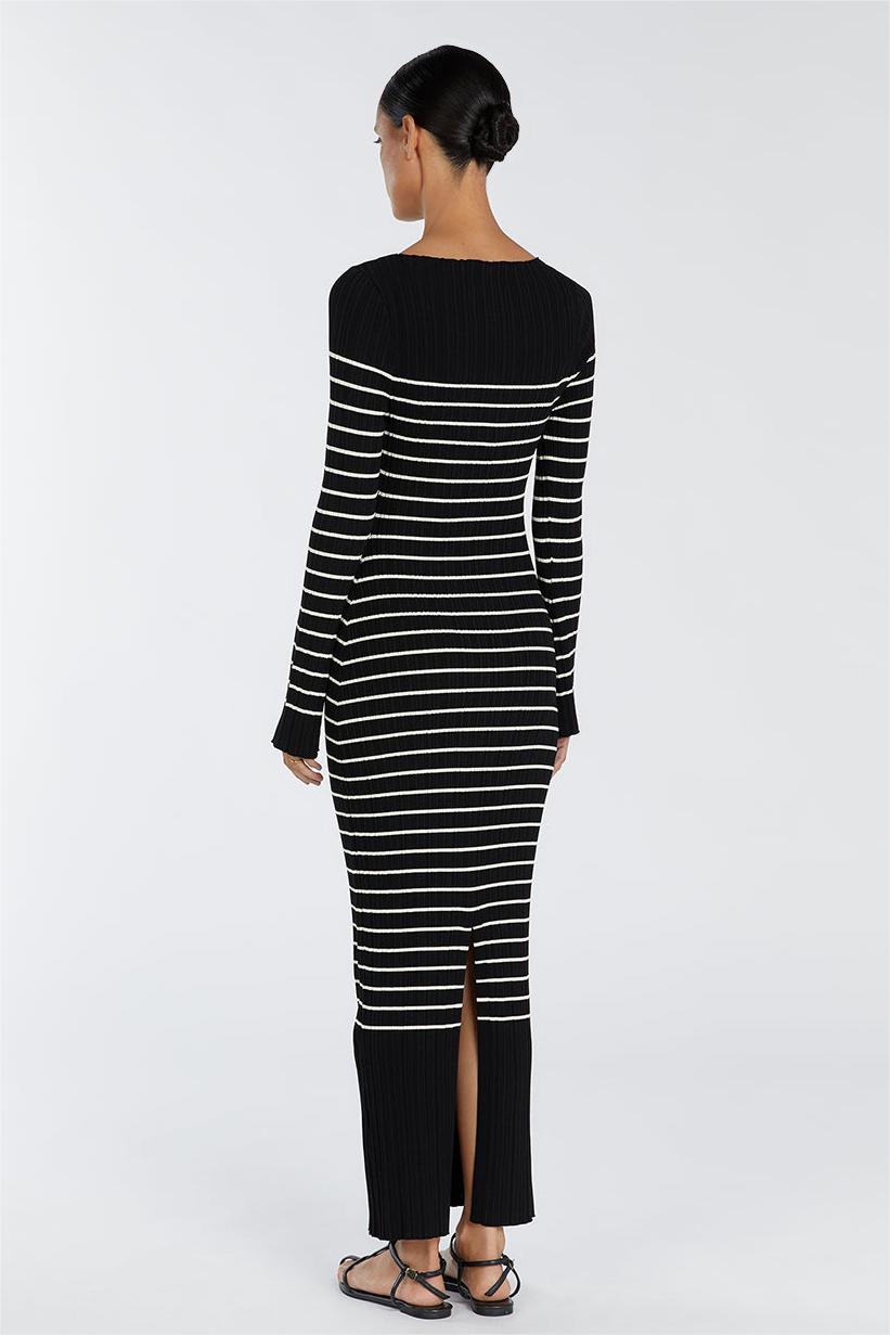 Knit Boat Neck Stripe Long Sleeve Midi Dress