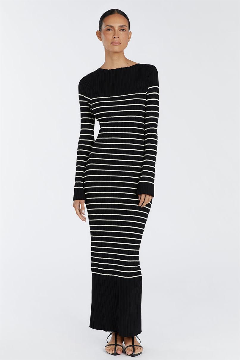 Knit Boat Neck Stripe Long Sleeve Midi Dress
