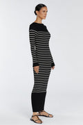 Knit Boat Neck Stripe Long Sleeve Midi Dress