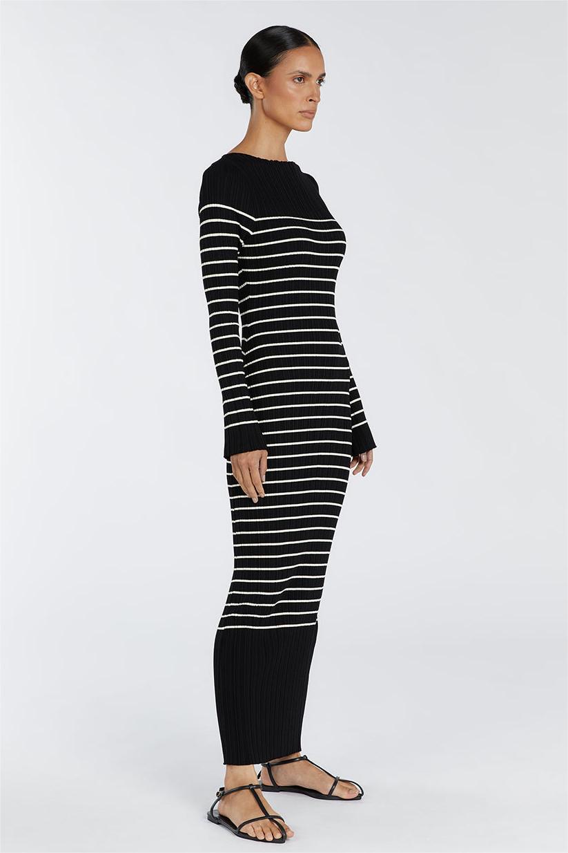 Knit Boat Neck Stripe Long Sleeve Midi Dress