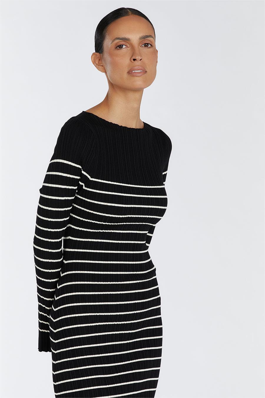 Knit Boat Neck Stripe Long Sleeve Midi Dress