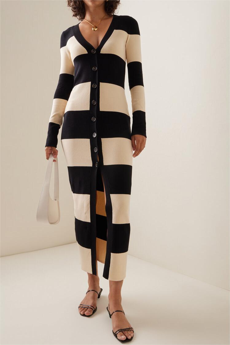 Knit Stripe Long Sleeve Midi Dress